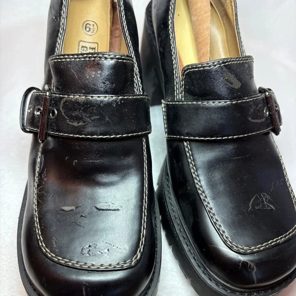 Faded Glory Vintage 90s Chunky Platform Loafers Black Buckle Lug Sole 6.5